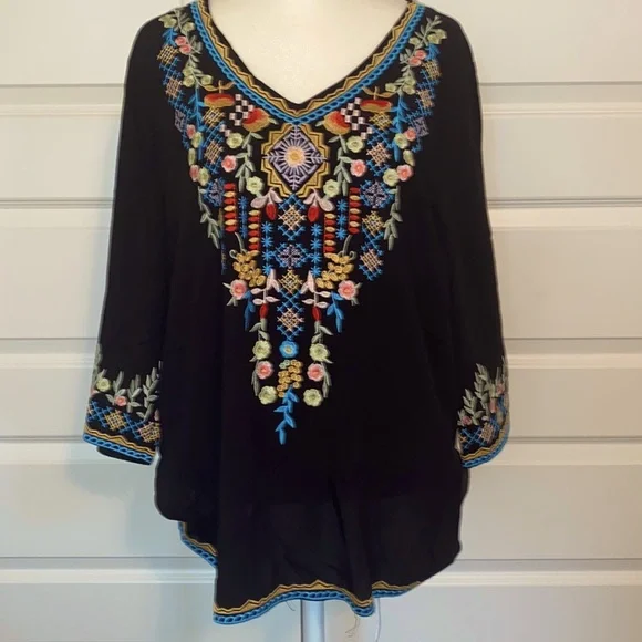Boho Embroidery Mexican Bohemian Tops Peasant 3/4 Sleeve V Neck Shirt Tunic - Picture 3 of 6